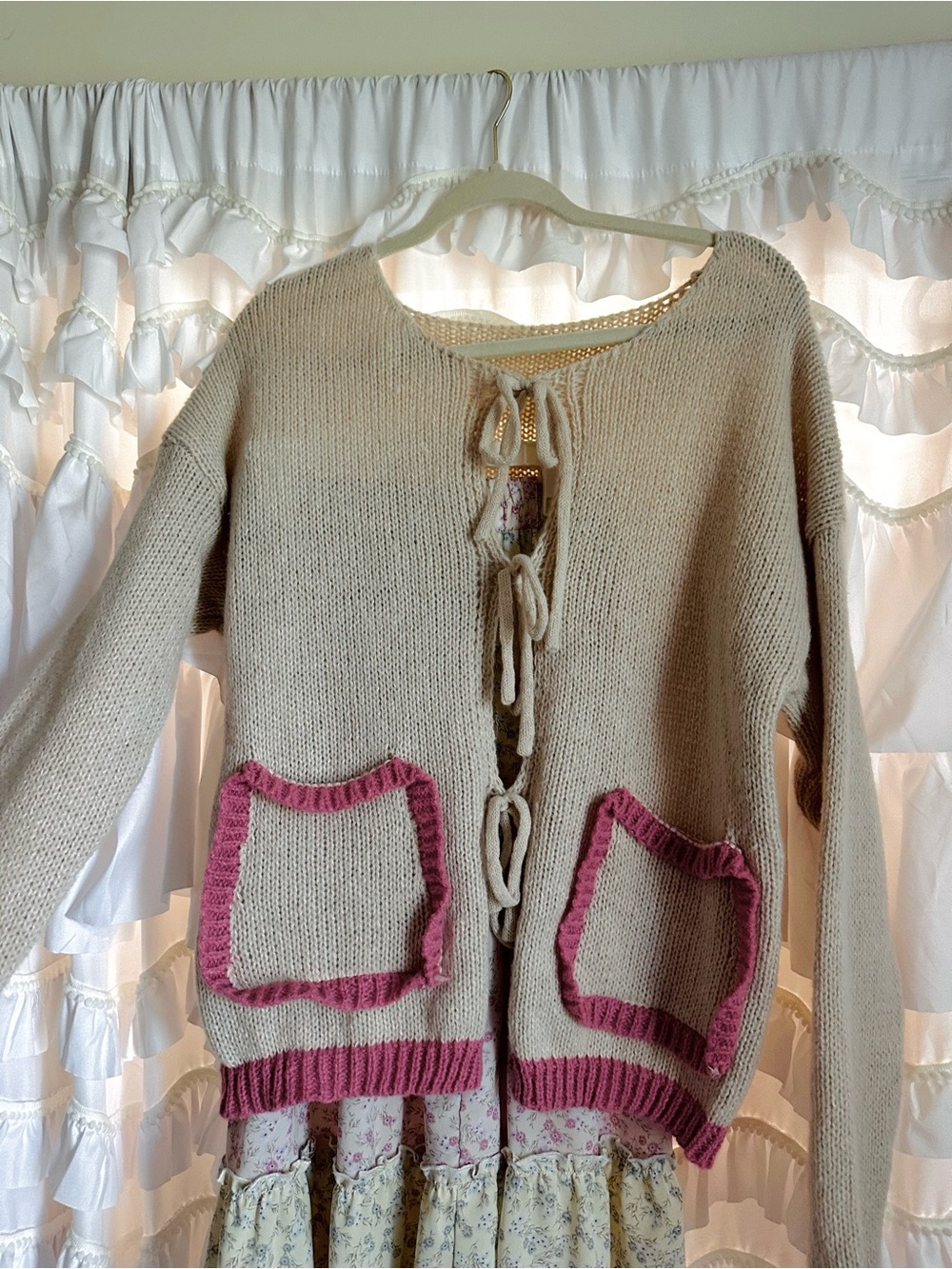 Cream Knit Tie-Front Cardigan with Pink Trim